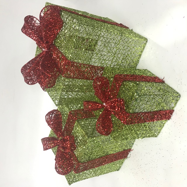 BOX, Set of 3 Gift Box - Glitter Green w Red Bow